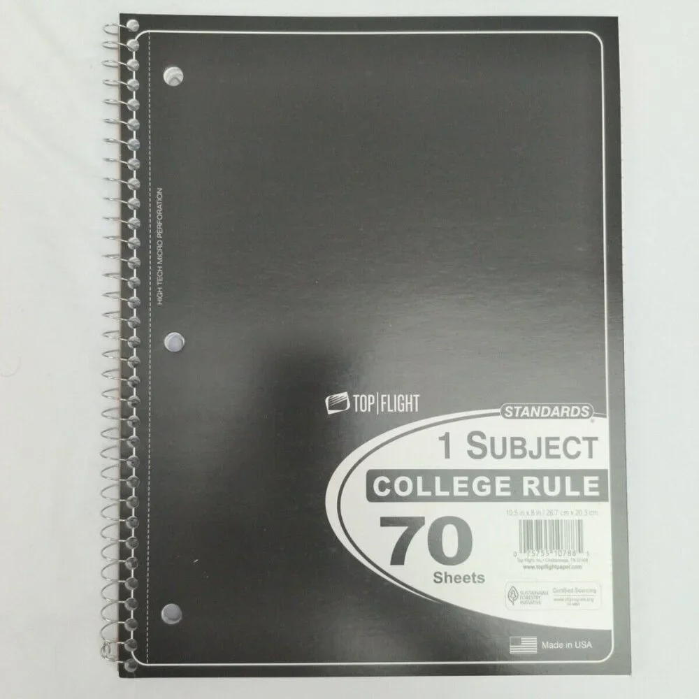 5 Pack Top Flight Spiral Notebook COLLEGE 1 Subject 70 Sheets Assorted Colors